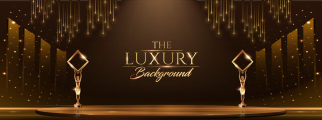 Golden Stage Spotlights Royal Awards Graphics Background. Lights Elegant Shine Modern Template. Space Falling Star Particles Corporate Template. Classy speedy lines Abstract trophy Certificate Banner.