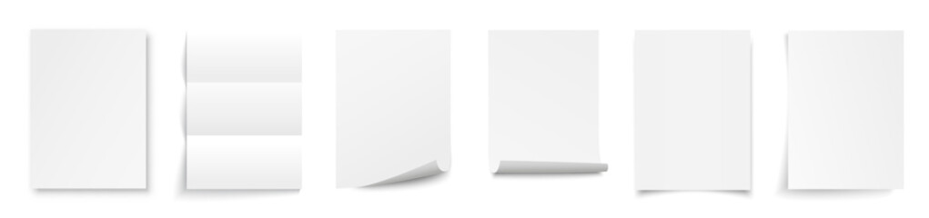Set realistic empty white format A4 paper sheet, blank white paper opened, paper sheet curled corner of with shadow - vector