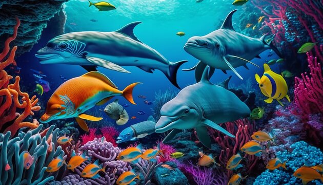 Dolphins and a reef undersea environment. electronic collage images as wallpaper.