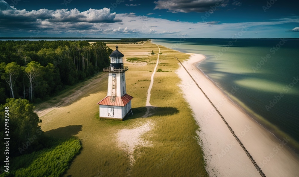 Poster an aerial view of a lighthouse on a beach near the ocean with a train track running through the sand