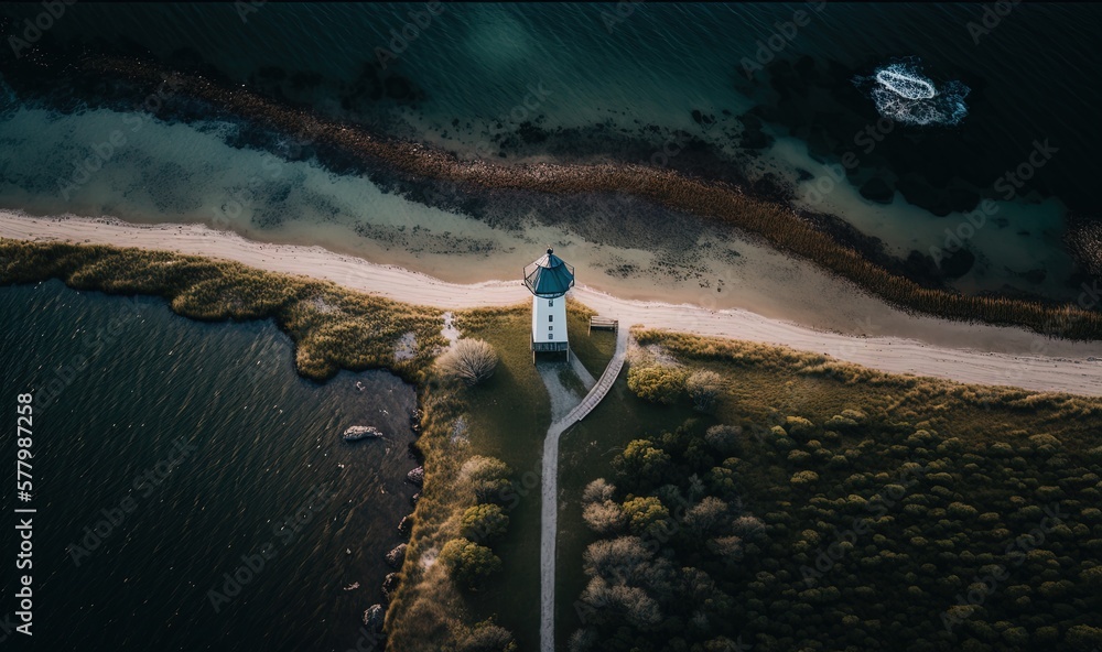 Poster an aerial view of a lighthouse on the shore of a beach with a boat in the water and a boat in the wa