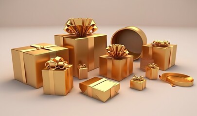  a bunch of gold presents sitting next to each other on a white surface with a gold ribbon around the box and a gold ribbon around the box.  generative ai