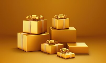  a group of gold boxes with bows and bows on them, all stacked on top of each other, with a gold background, with a gold background.  generative ai