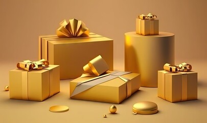  a group of gold wrapped presents on a brown background with a gold ribbon and a bow on the top of one of the boxes and two of the boxes.  generative ai