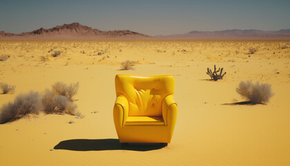 Minimalist Yellow Chair in the Vast Desert Landscape - Created by AI
