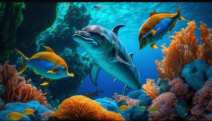 Fototapeta na wymiar Dolphins and a reef undersea environment. electronic collage images as wallpaper.