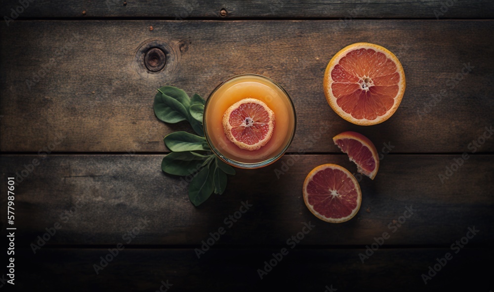 Poster  a glass of orange juice with a slice of grapefruit on a wooden table with leaves and a few slices of grapefruits.  generative ai