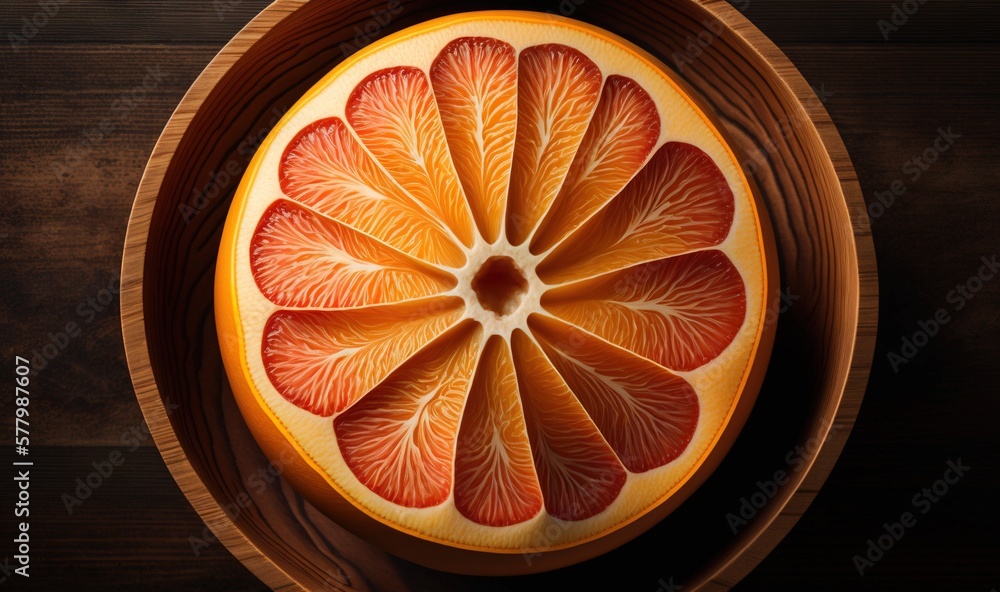 Poster a grapefruit cut in half in a bowl on a wooden table with a knife and a fork next to the whole grape