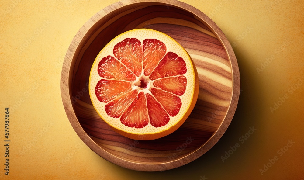 Poster a grapefruit cut in half in a wooden bowl on a yellow background with a yellow background and a yell