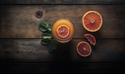 Fototapeta na wymiar a glass of orange juice with a slice of grapefruit on a wooden table with leaves and a few slices of grapefruits. generative ai