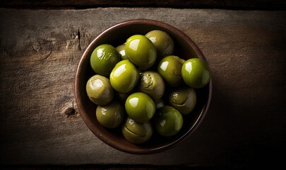  a bowl filled with green olives on top of a wooden table next to a knife and a wooden spoon on a wooden table top.  generative ai
