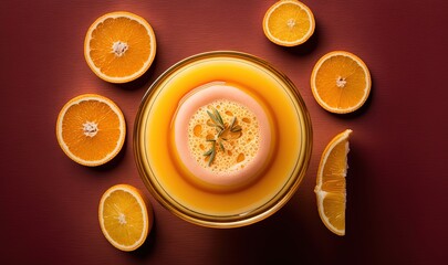  a plate of oranges with a small orange garnish on top of it and a few slices of oranges around the plate.  generative ai