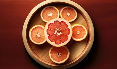  a wooden bowl filled with blood oranges on top of a wooden table next to a wooden spoon and a wooden table top with a red wall.  generative ai