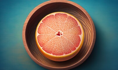  a grapefruit cut in half in a wooden bowl on a blue background with a blue background and a light blue background behind it.  generative ai