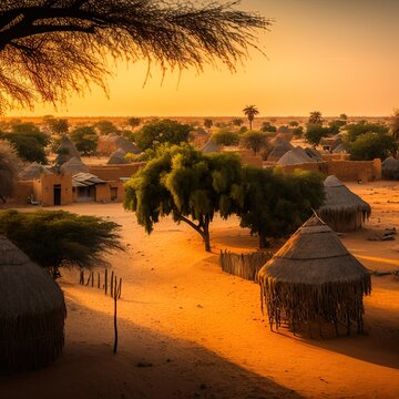 Desert village without people in Africa's Sahel at golden hour. Burkina Faso, Mali, Niger