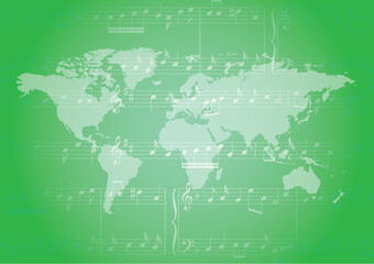 light green vector background with music notes and light colored world map