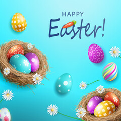 Beautiful Easter blue card, eggs in a nest and flowers