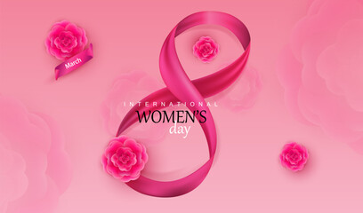 Happy women's day 8 march vector background with red eight ribbon and roses. International female pink illustration with flower. Spring floral design.
