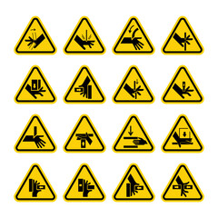 set of  ISO Triangle Warning Sign: Hand Crush Force From Right Symbol
