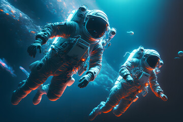 Fototapeta na wymiar Astronauts flying in space created with generative AI technology