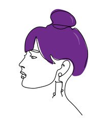 stylized female face. Modern one line art. Female beauty concept, purple hair, minimalist style.