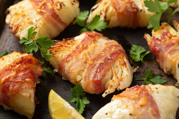Bacon Wrapped Cabbage with dipping sauce. healthy food