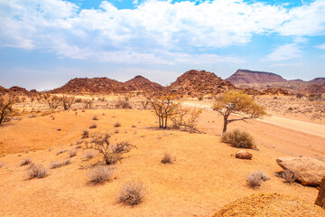 Orange rocky landscape of Damaraland near Twyfelfontein, Namibia