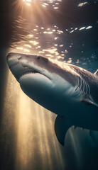 Close up portrait of a big white shark under water. Generative Ai