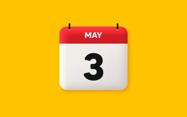 Calendar date 3d icon. 3rd day of the month icon. Event schedule date. Meeting appointment time. Agenda plan, May month schedule 3d calendar and Time planner. 3rd day day reminder. Vector