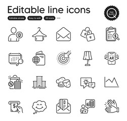 Fototapeta premium Set of Business outline icons. Contains icons as University campus, Table lamp and Credit card elements. Line chart, Accounting report, Mail web signs. Targeting, Locks. Vector