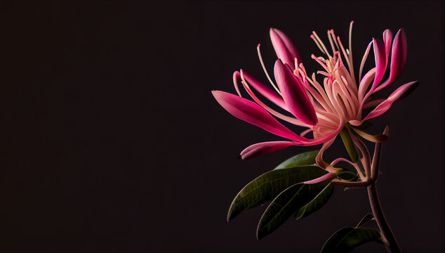 Dark pink Honeysuckle flower in black background generative ai