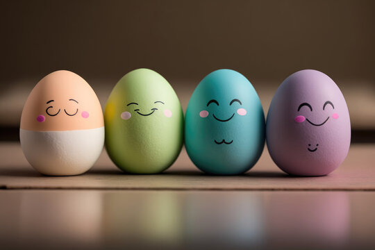 Pastel color eastern eggs with drawing faces in a row.Generative AI