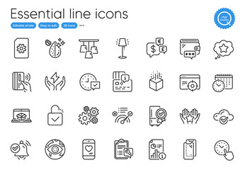 Stand lamp, Lock and Ceiling lamp line icons. Collection of Card, Wallet, Seo targeting icons. Money currency, Cogwheel, Certified refrigerator web elements. Contactless payment. Vector