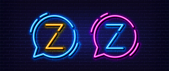 Initial letter Z icon. Neon light line effect. Line typography character sign. Large first font letter. Glowing neon light speech bubble. Letter Z glow 3d line. Brick wall banner. Vector