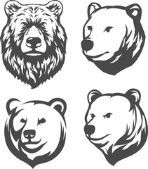 Head of bear. Abstract character illustration variant set. Graphic logo design template for emblem. Image of portrait.