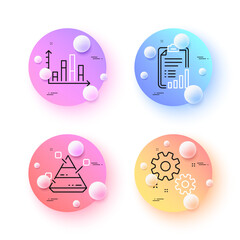 Diagram graph, Checklist and Work minimal line icons. 3d spheres or balls buttons. Pyramid chart icons. For web, application, printing. Presentation chart, Graph report, Settings. Vector