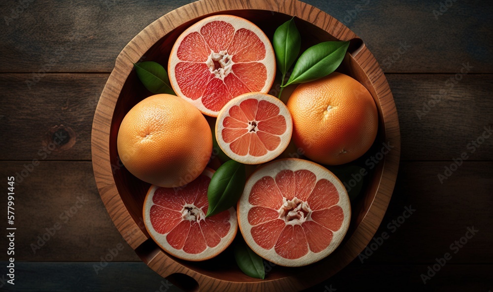 Poster a bowl of grapefruits with leaves on a wooden table with a knife and a fork in it and a knife in the