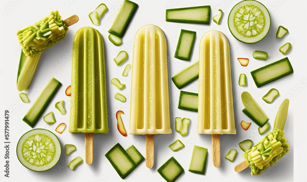 Aufkleber three popsicles with cucumbers, celery, and lime slices on a white background with a white backgroun