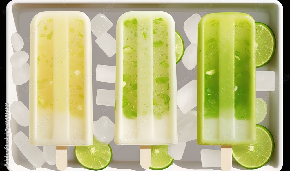 Poster three popsicles with lime slices on them in a white tray with ice cubes on the side of the popsicles