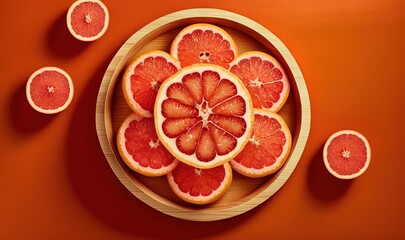  a plate of grapefruit cut in half on an orange background with other grapefruits around it on a wooden plate on a red surface.  generative ai