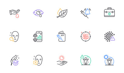 Face declined, Stress and Vaccine announcement line icons for website, printing. Collection of Leaf, Hypoallergenic tested, Sun protection icons. Face search, Fitness app. Vector