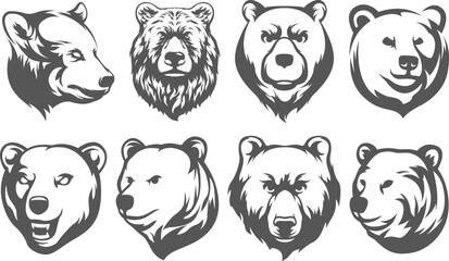 Head of bear. Abstract character illustration variant set. Graphic logo design template for emblem. Image of portrait.