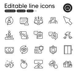 Set of Business outline icons. Contains icons as Apple, Business podium and Notification elements. Lift, Clipboard, Throw hats web signs. Holiday presents, Meeting, Interview job elements. Vector