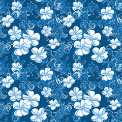 Seamless ornament with floral pattern on dark blue background, hand-drawn white flowers. Cherry blossom, peach. Design for printing, post, social network, greeting card, fabric, cover, banner. 