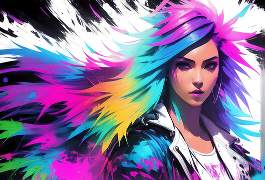 Female cyberpunk portrait, a woman with a tattoo, and colorful hair. Generative AI.