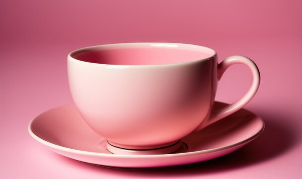 a pink coffee cup and saucer on a pink tablecloth with a pink background and a pink background with a pink background and a white cup and saucer on a pink plate.  generative ai