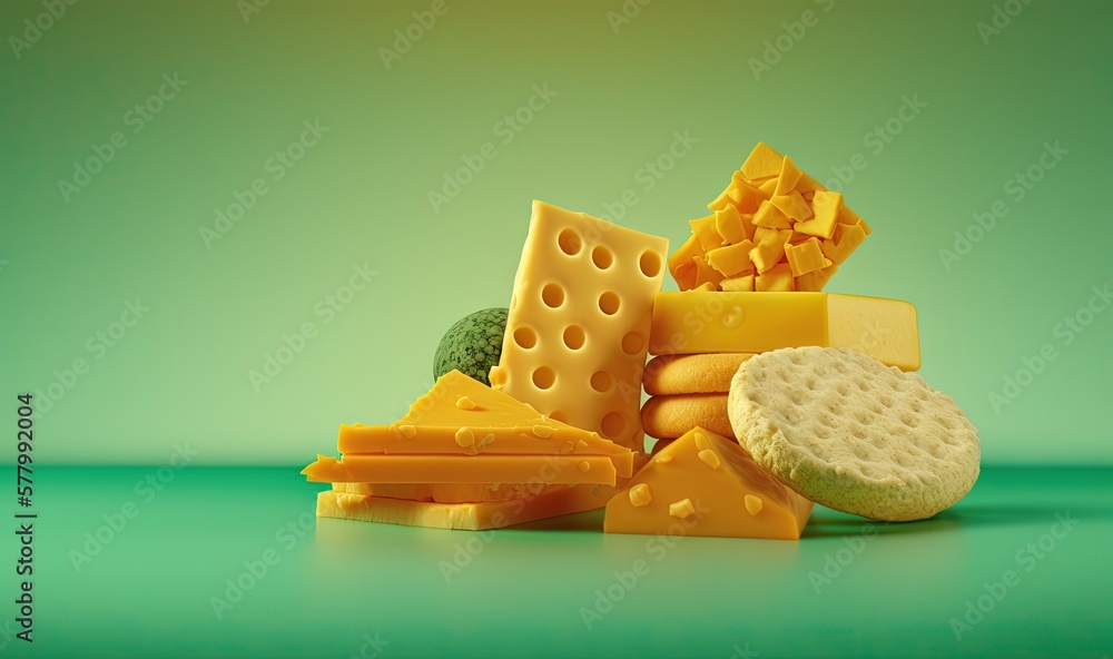 Poster  a pile of different types of cheese on a green background with a green background and a green background with a green background and a green background with a green background.  generative ai