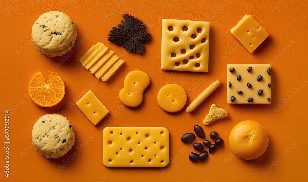 Poster a variety of cheeses and crackers arranged on an orange surface with a black and white dot design on