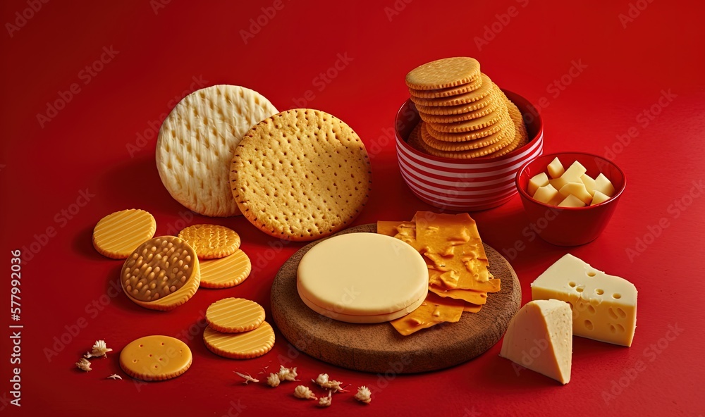 Poster a variety of cheeses and crackers on a red tablecloth with a red bowl of crackers and a red and whit
