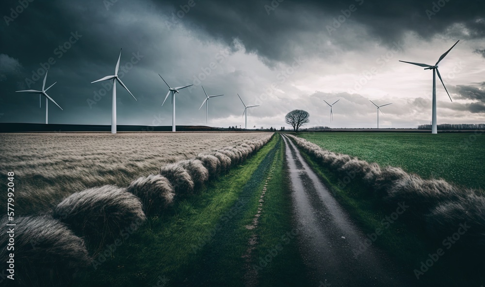 Poster a field of grass with a dirt road in front of a row of windmills on a cloudy day with dark clouds in